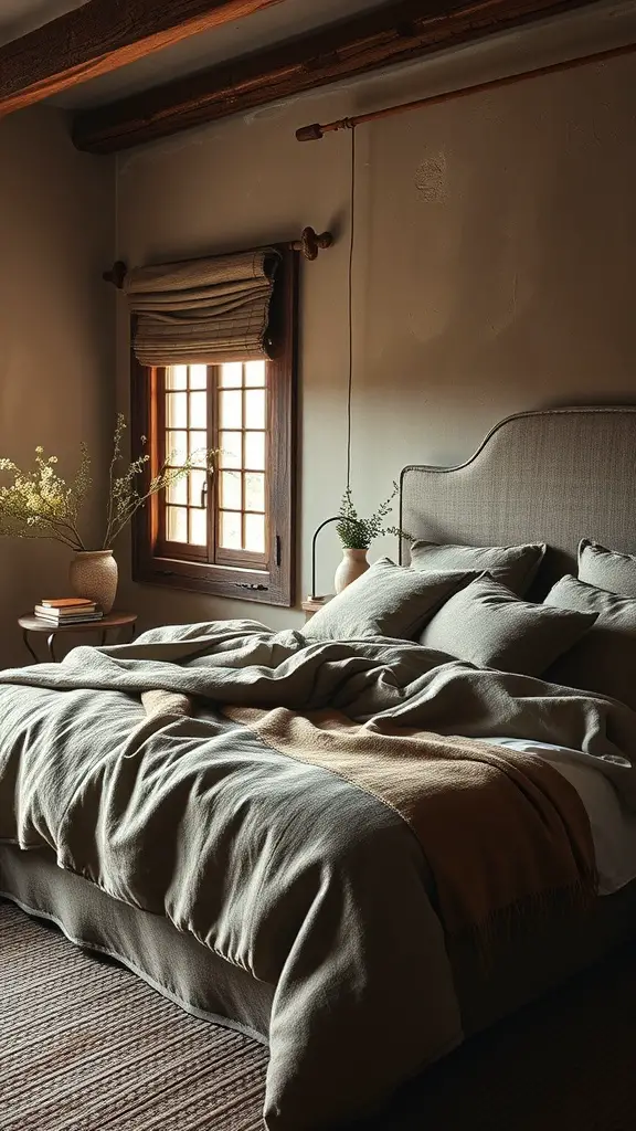 A cozy master bedroom featuring textured fabrics in earthy tones, showcasing a serene and nature-inspired atmosphere.