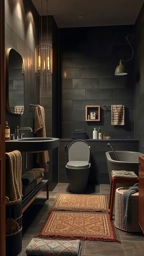 A cozy bathroom featuring textured fabrics including soft towels and patterned rugs.
