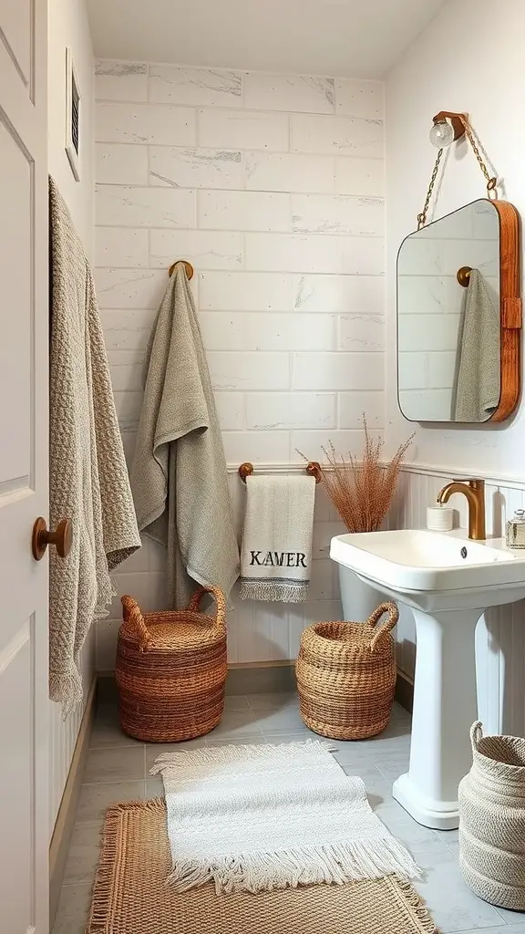 A cozy Japandi bathroom featuring textured linen towels, woven baskets, and a soft rug.