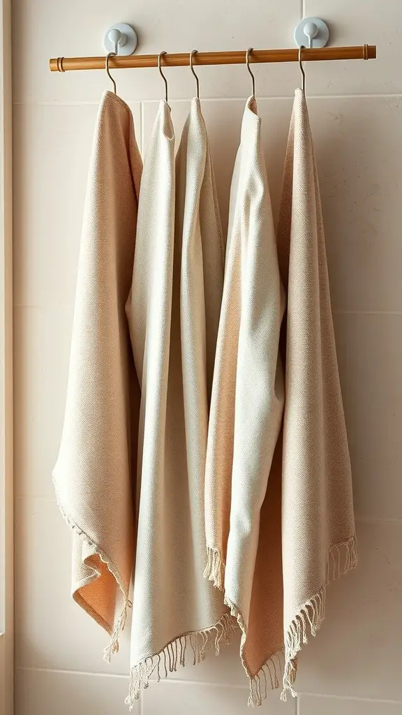 Hanging textured linen towels in earthy tones on a rack