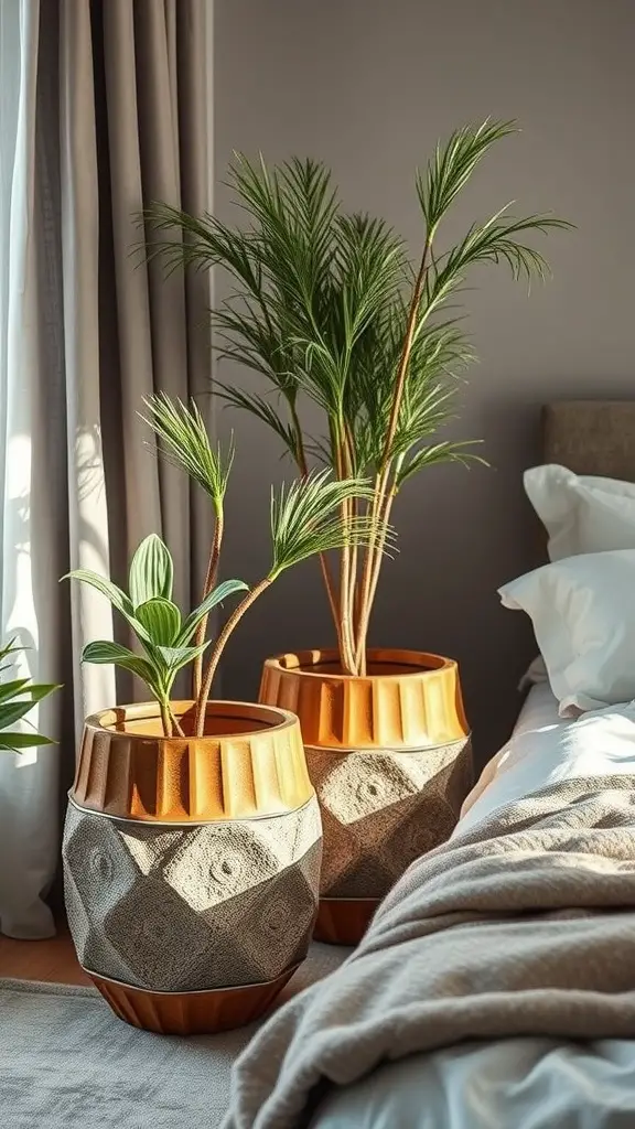 Two textured planters with green plants placed near a bed, showcasing a calming bedroom space.