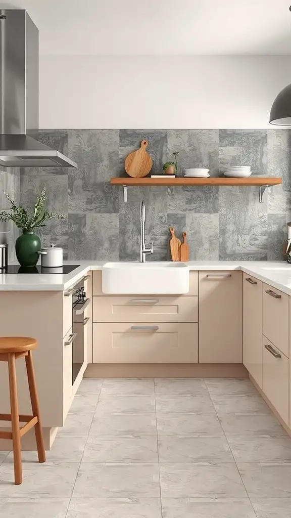 A modern kitchen with textured porcelain flooring, featuring light grey tiles and sleek cabinetry.