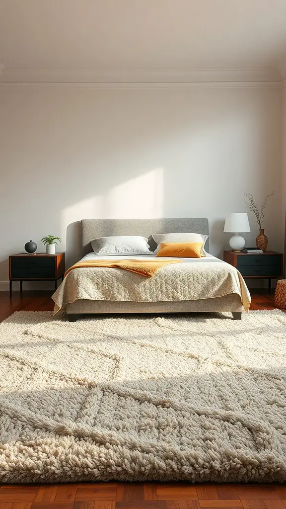 A cozy bedroom featuring a plush textured rug in a warm, neutral color scheme.