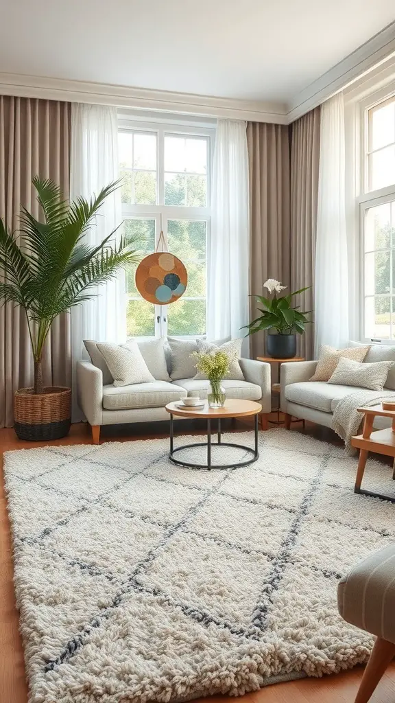 Cozy living room with a textured rug, plants, and comfortable seating.