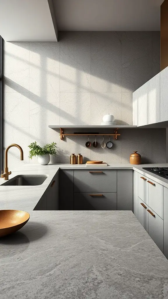 A modern beach house kitchen featuring textured stone countertops and warm metallic accents.