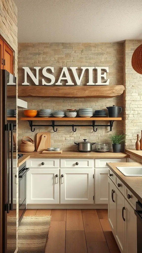 A rustic kitchen featuring textured stone walls, wooden shelving, and white cabinetry.