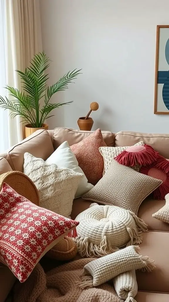 A cozy living room couch adorned with various textured throw pillows in warm earth tones.