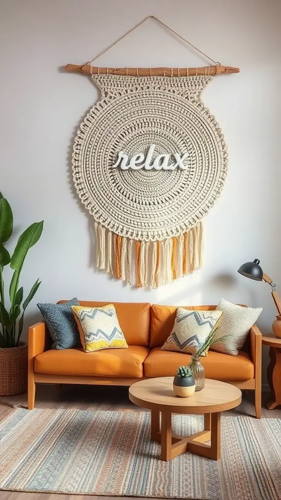 A textured wall hanging with the words 'I WOKD' on a beige wall above a soft, neutral-toned sofa with pillows.