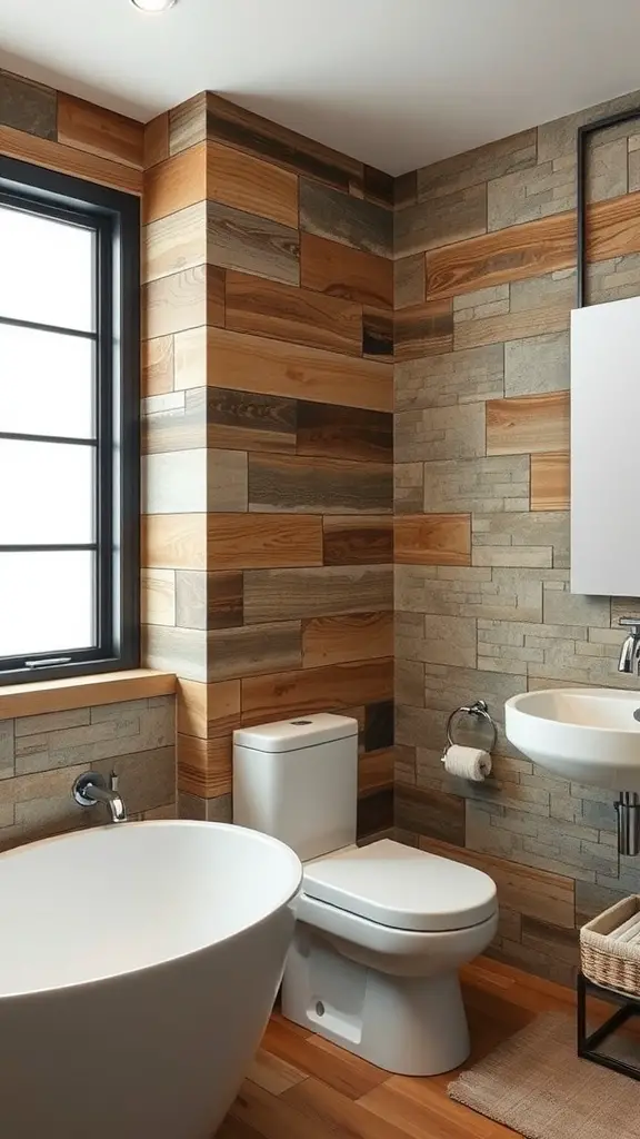 Stylish bathroom with textured wooden and stone wall finishes