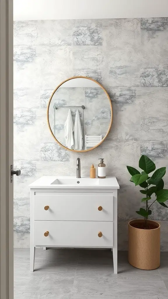 Bathroom with textured wall, white vanity, round mirror, and plant