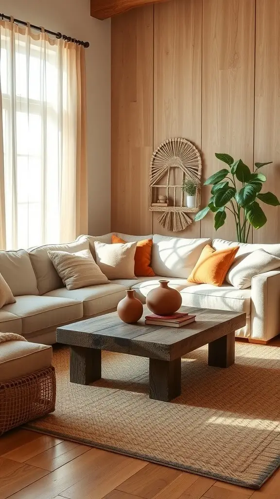 Cozy living room with wood paneling, beige couch, and earthy decor elements.