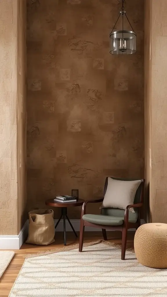 A cozy bathroom with textured walls, a freestanding bathtub, and natural decor elements.