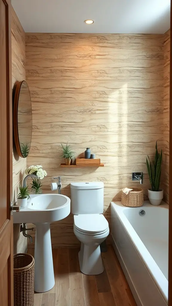 A stylish modern half bathroom featuring textured beige walls, a round mirror, a white toilet, and a bathtub, adorned with plants and wooden accents.