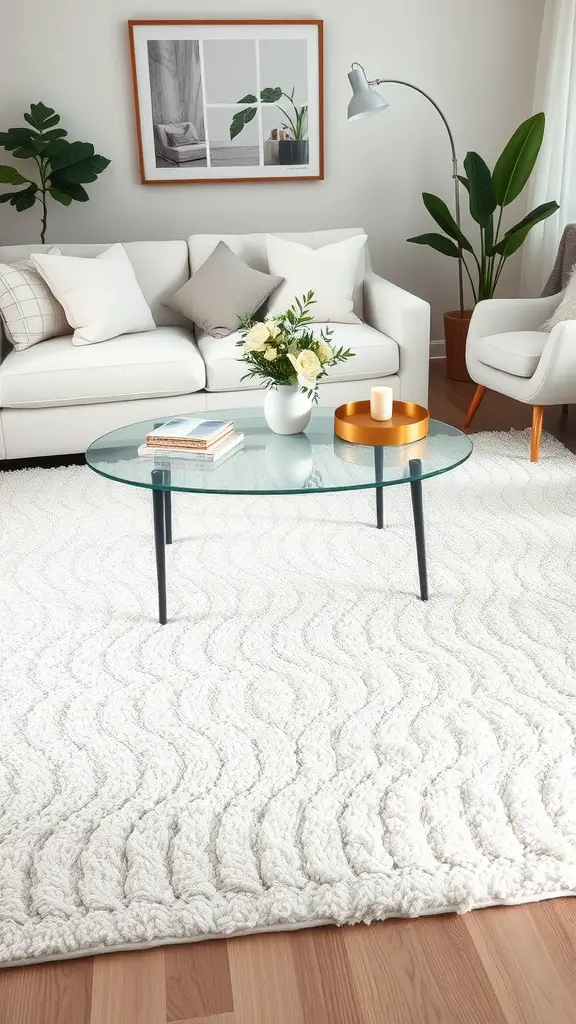 A cozy living room featuring a textured white area rug, a glass coffee table, and light-colored furniture.