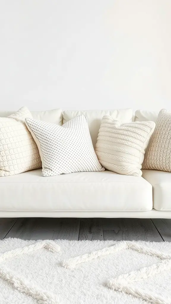 A cozy white sofa with various textured white throw pillows