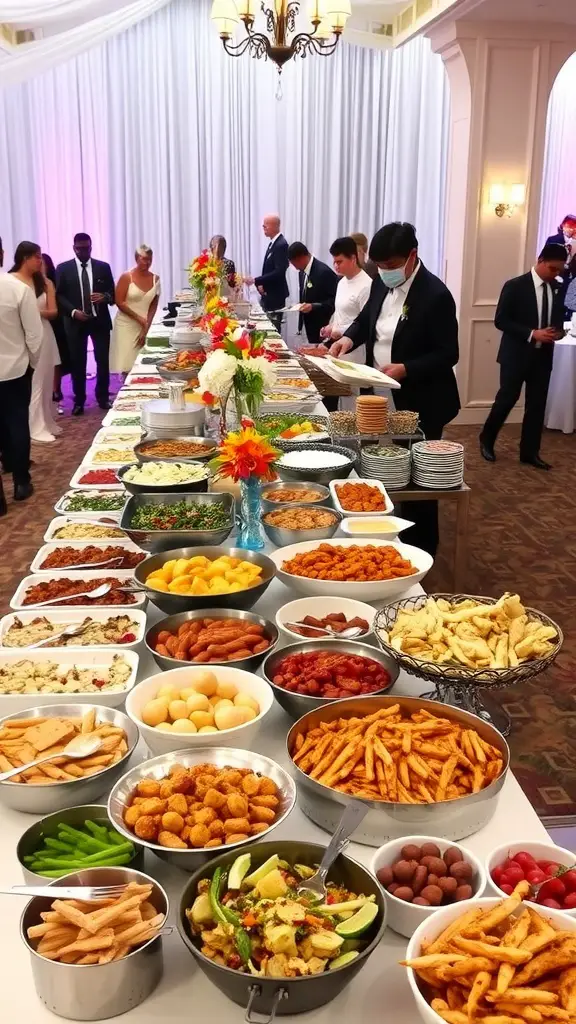 A beautifully arranged spread of food at a wedding reception, featuring various dishes and guests enjoying the buffet.