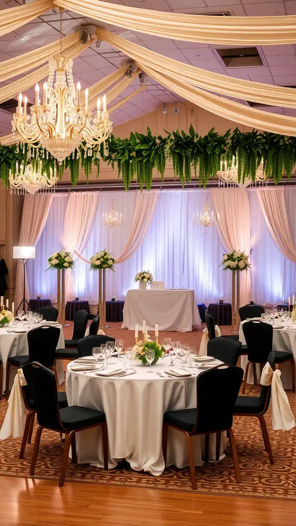A beautifully decorated wedding venue featuring chandeliers, greenery, and elegant table settings.