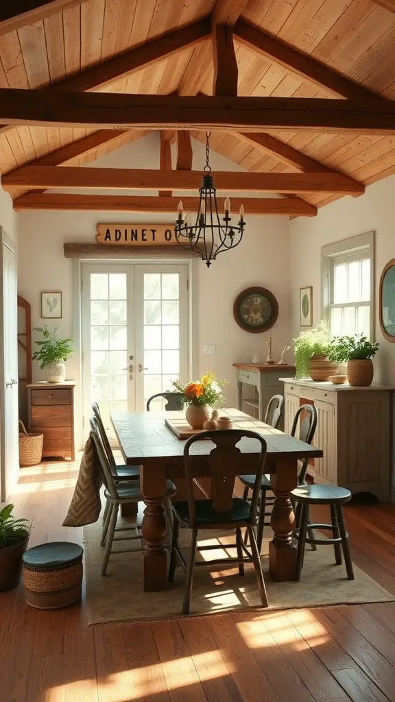 A rustic farmhouse dining space featuring a wooden table with chairs, plants, and natural light.