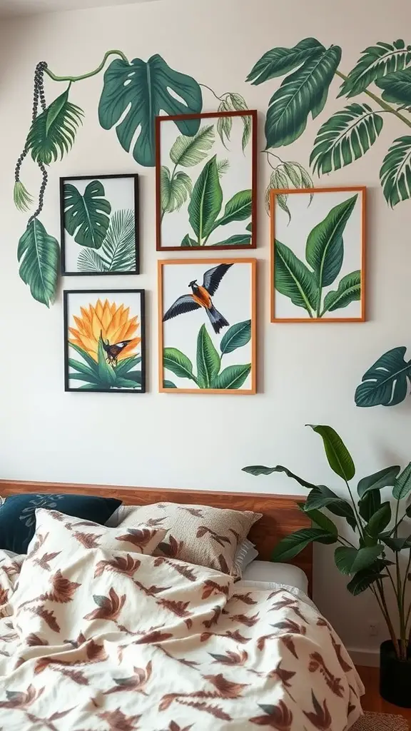 Tropical-inspired artwork with framed botanical prints and lush greenery in a bedroom setting.