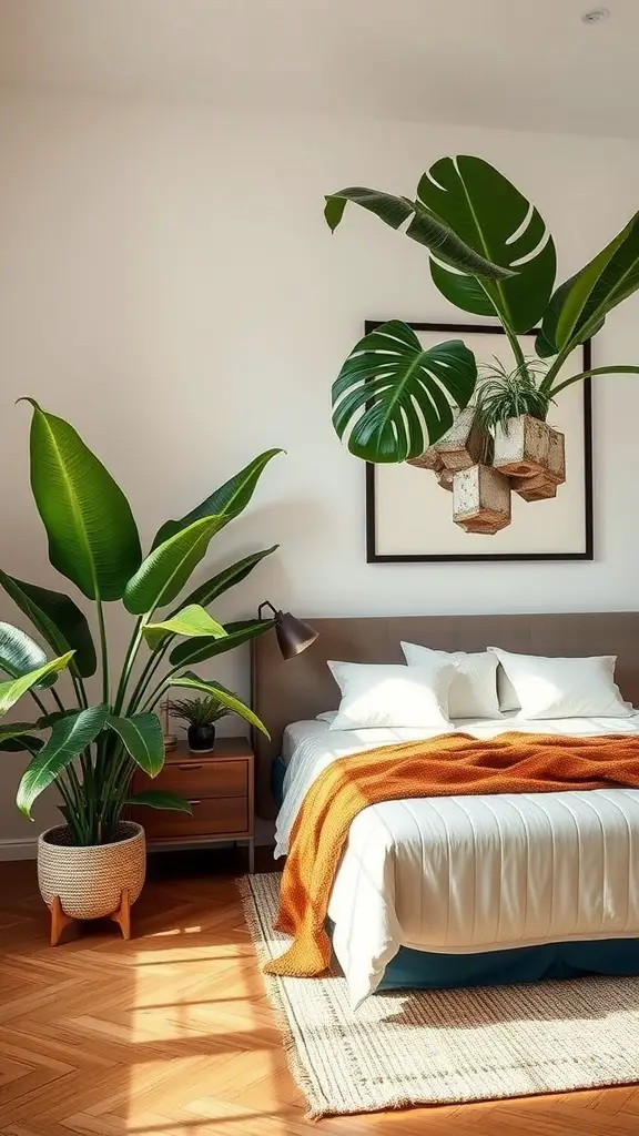 A cozy bedroom featuring large tropical plants, including a hanging monstera and a tall leafy plant, with a neatly made bed and an orange throw blanket.