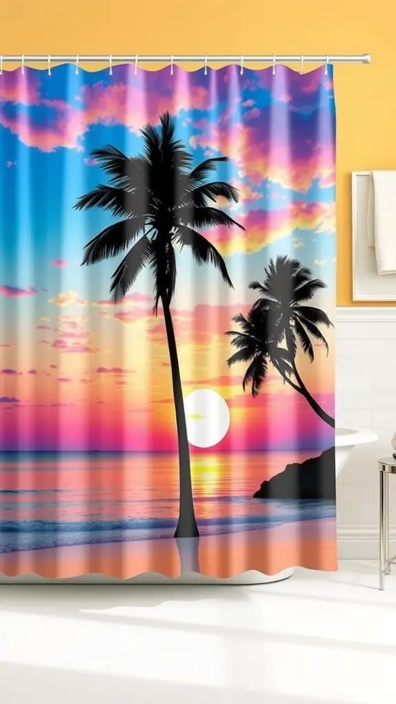 Tropical sunset shower curtain with palm trees and a colorful sky