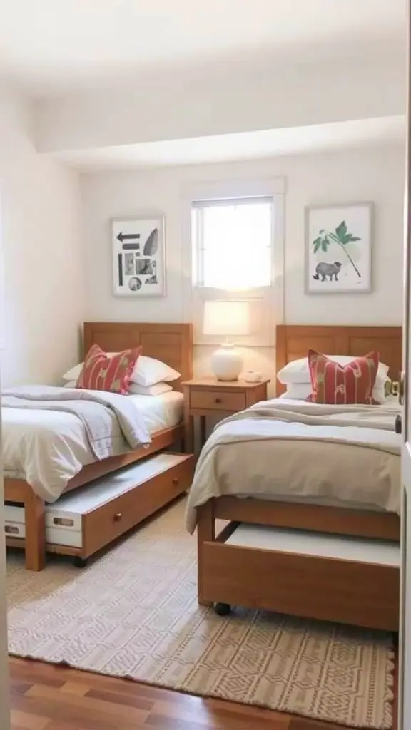 A stylish trundle bed with a black metal frame and light bedding, showcasing the top and hidden bottom mattress in a cozy room.
