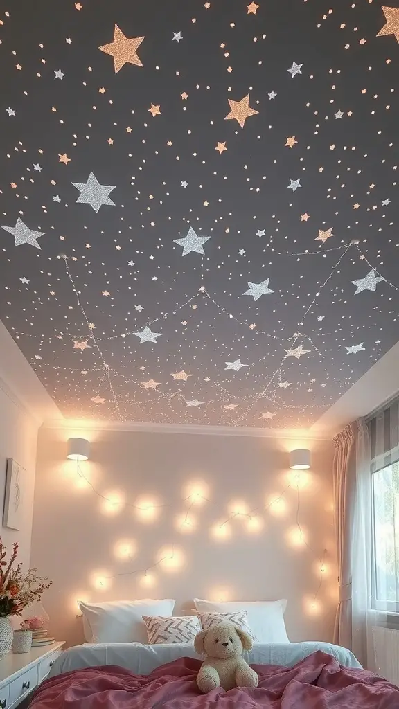 A cozy bedroom featuring a twinkling star ceiling with sparkling stars and soft lighting.