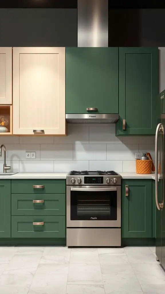 A kitchen featuring two-toned green cabinets with darker green lower cabinets and lighter wood upper cabinets.