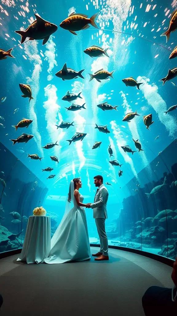 A couple celebrates their underwater wedding, surrounded by colorful fish and a floral arch.