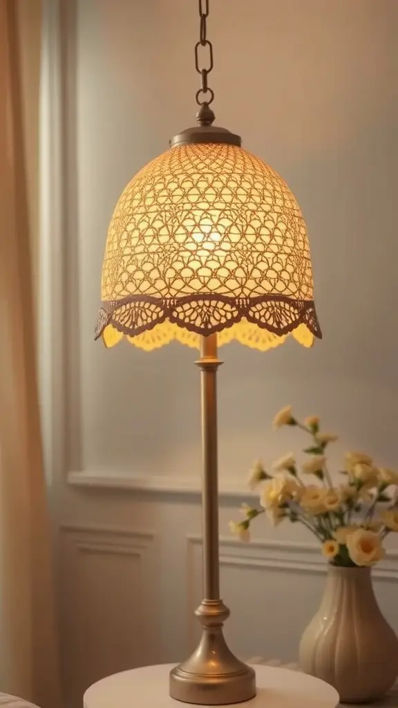 A crochet lampshade with a warm glow, complemented by a vase of flowers.