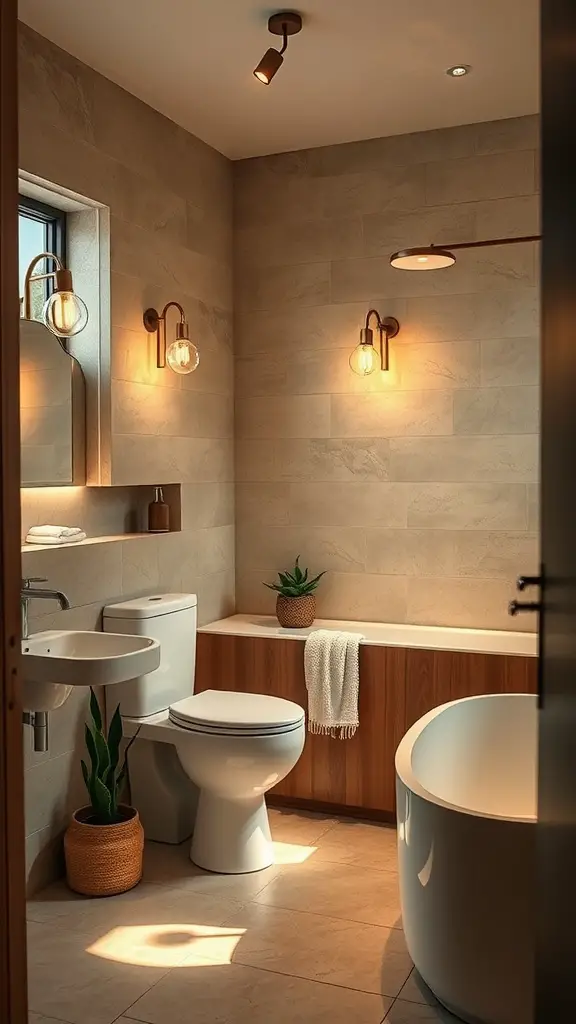 Modern half bathroom with unique lighting fixtures and earthy tones