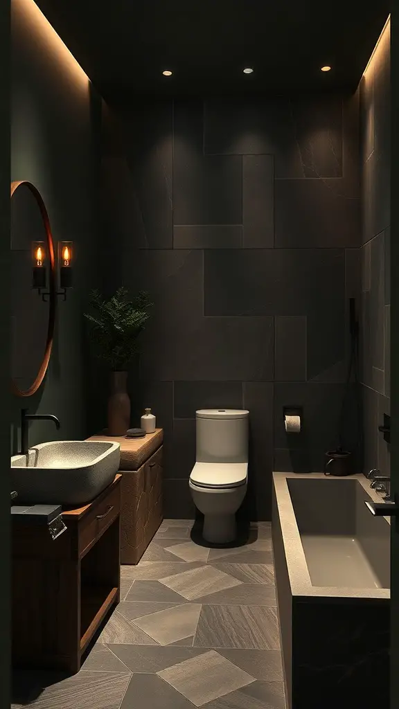 A cozy bathroom featuring a unique statement sink with earthy tones and warm lighting.