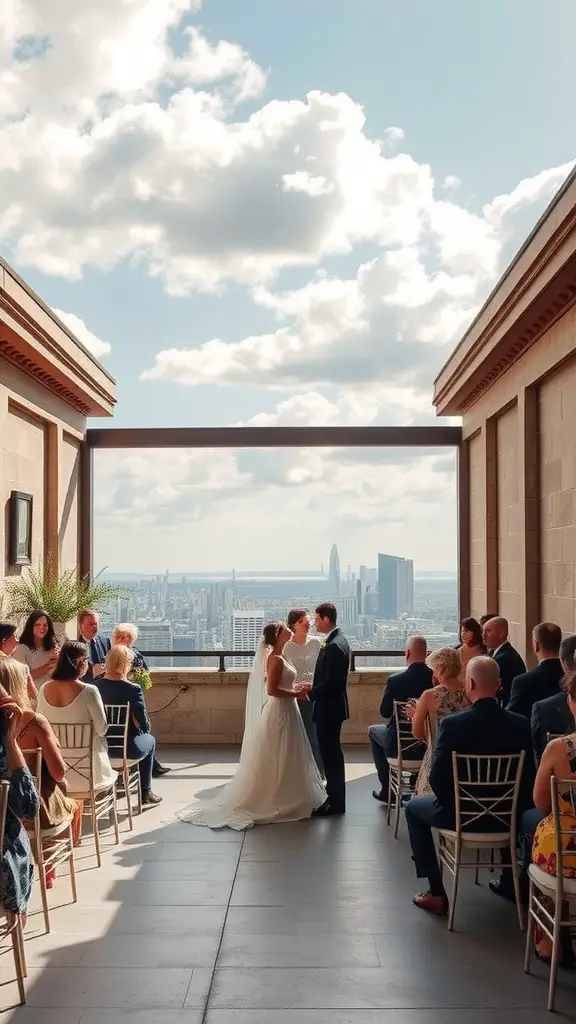 Couple exchanging vows in a unique wedding venue with a city skyline view.