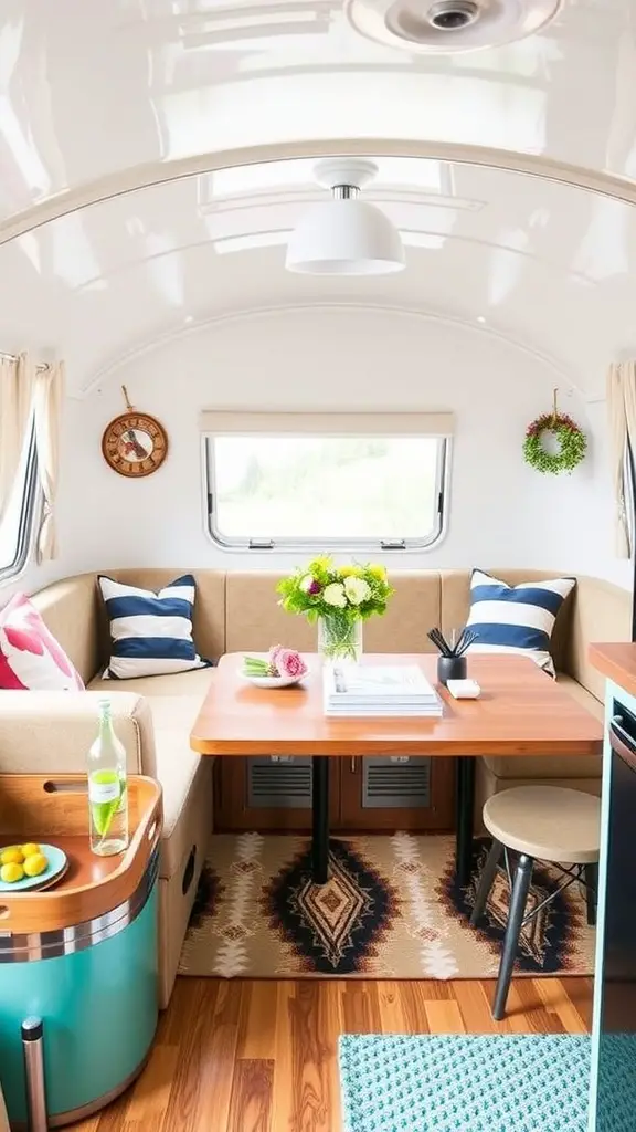 Interior of a stylish trailer featuring upcycled furniture with a cozy seating area, plants, and a modern decor.