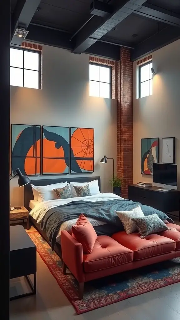 An urban loft style bedroom featuring exposed brick walls, bold artwork, and cozy bedding.