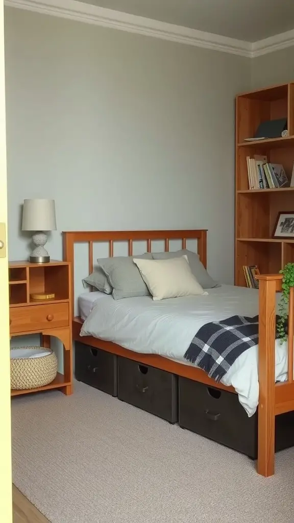 A cozy tiny bedroom with a bed featuring under-bed storage drawers, a small bedside table, and a bookshelf.