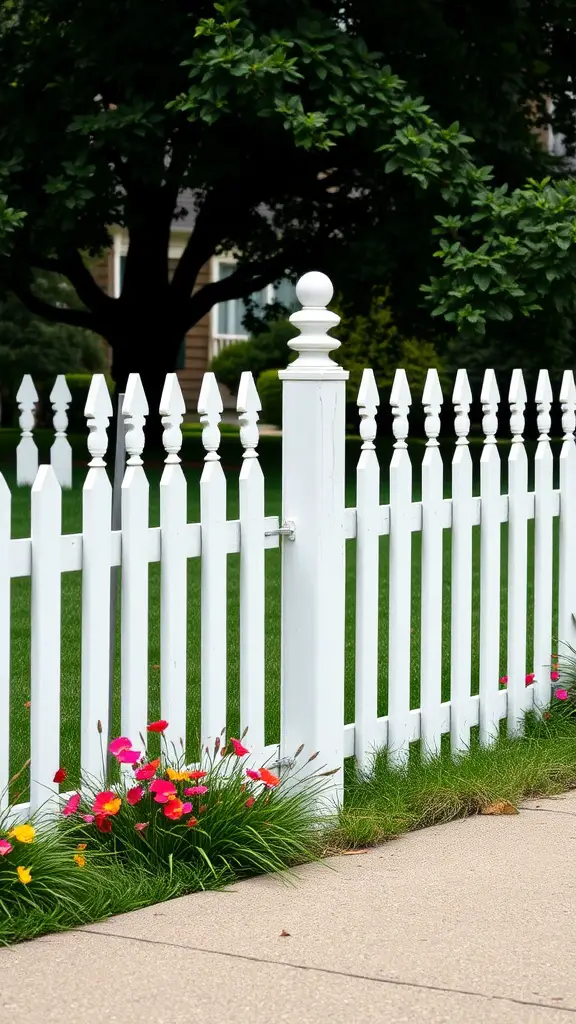 A white picket fence with colorful flowers in front of it, providing structure and charm to the front yard.