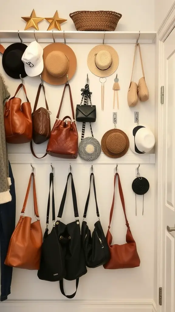 Wall-mounted hooks displaying various bags and hats for organization.