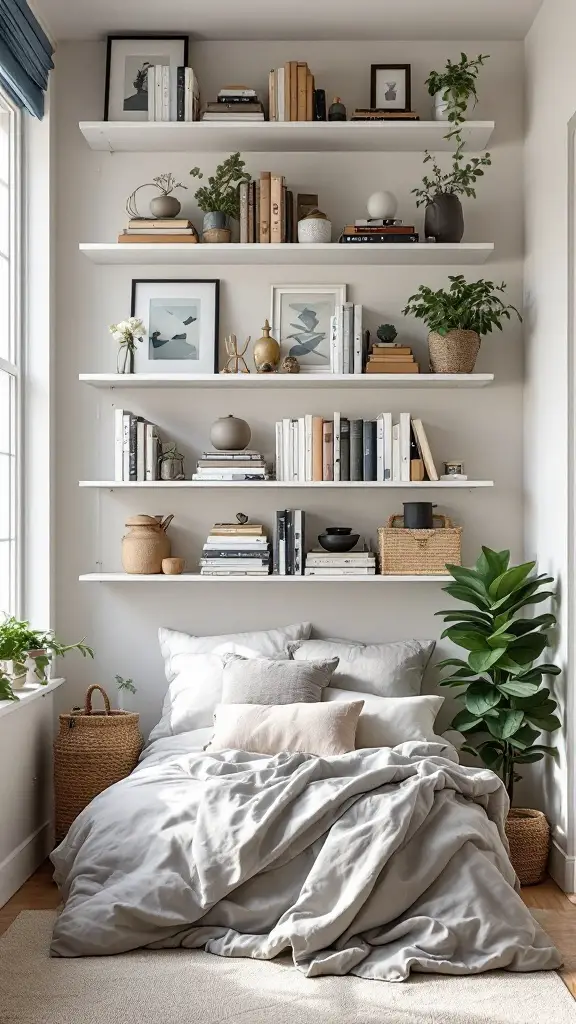 Shelves mounted on walls with books and decor in a small bedroom setting