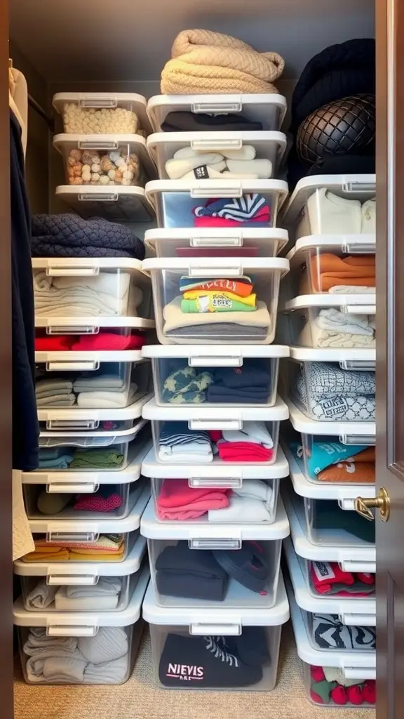 Organized closet with clear storage containers, showcasing various items neatly arranged.