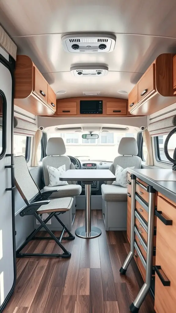 Interior of a small camper featuring foldable chairs and a round table