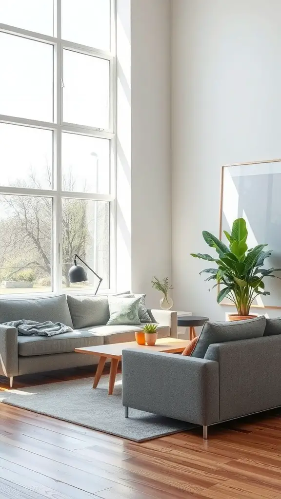 A bright living room with a grey couch, large windows letting in natural light, wooden flooring, and potted plants.