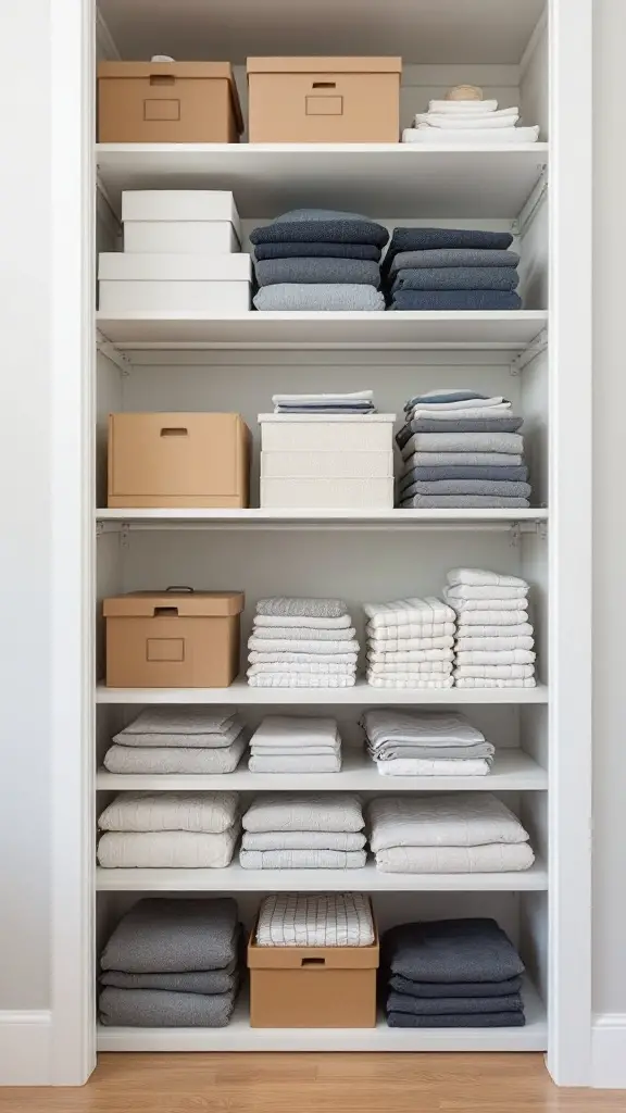 A well-organized closet with neatly arranged shelving units filled with towels and storage boxes.