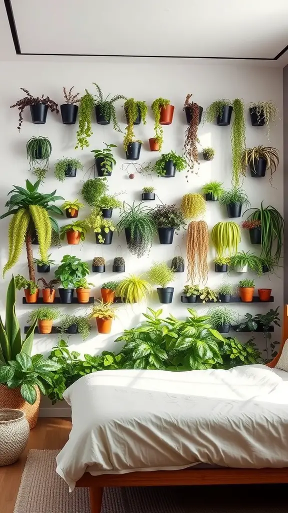 A vertical garden wall in a bedroom featuring various potted plants, with a bed in the foreground.