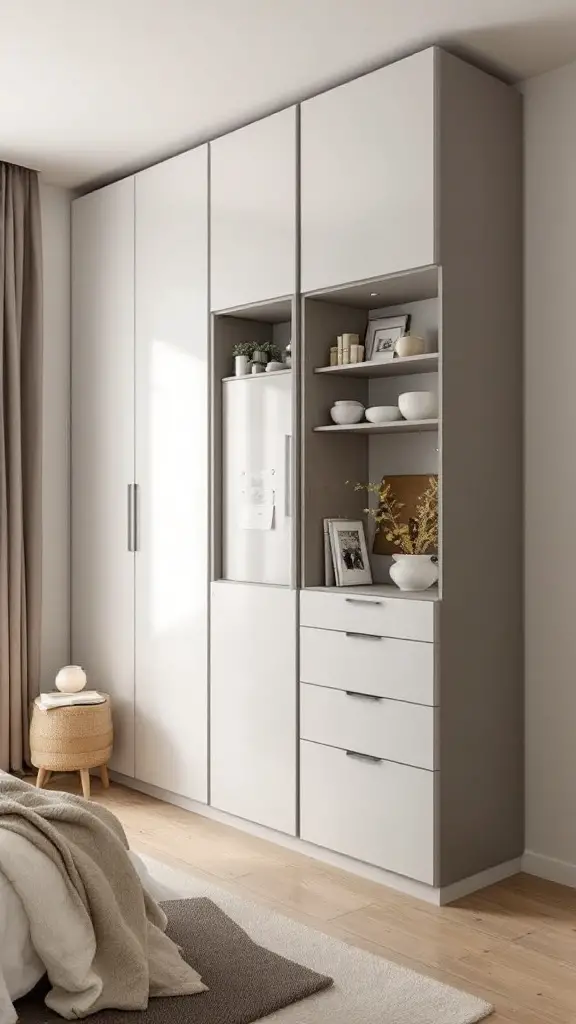 Stylish vertical storage solution in a small bedroom with cabinets and open shelves.