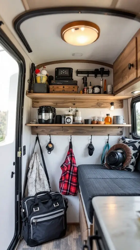 Interior of a small camper showing organized vertical storage with shelves and hooks
