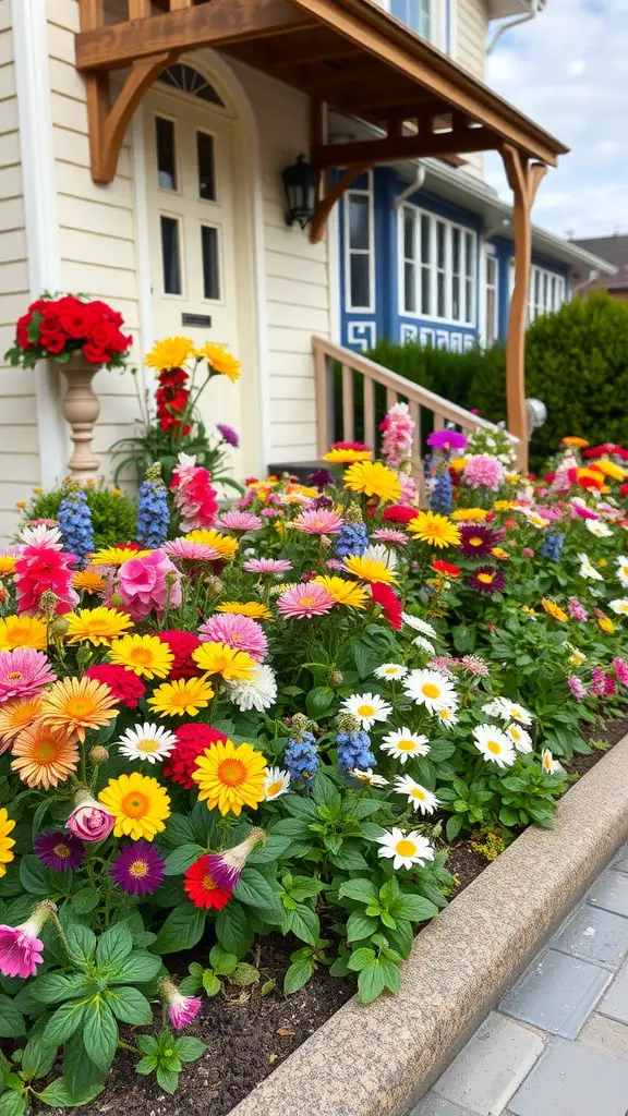 Colorful flower beds in front of a house with various flowers including daisies, gerbera, and petunias.