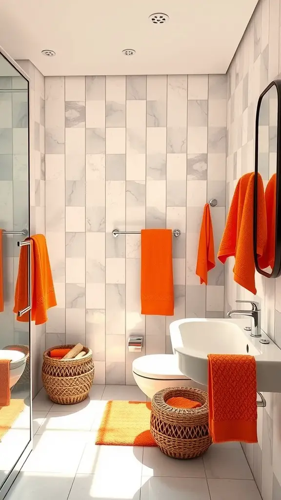 A bright bathroom featuring orange towels and accessories on white tiles, creating an energizing atmosphere.
