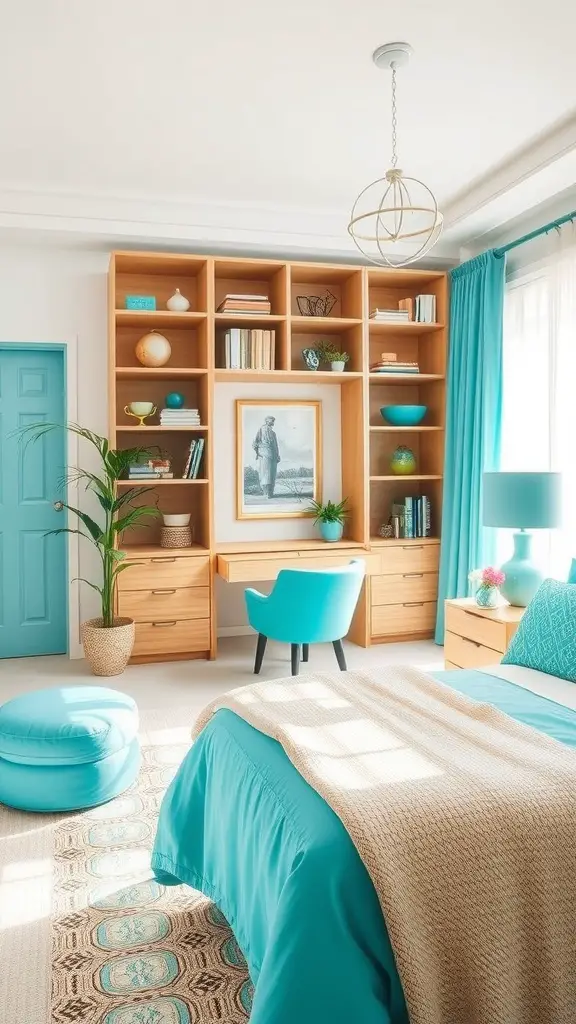 A brightly decorated bedroom featuring turquoise accents, a stylish bookshelf, and a cozy bed.