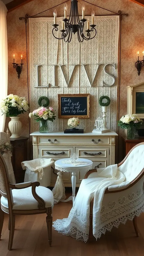 A cozy vintage-inspired wedding decoration featuring a chandelier, floral arrangements, and elegant draping.